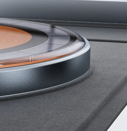 Transparent acrylic Magsafe magnetic wireless charging stand with black accents for three-device charging