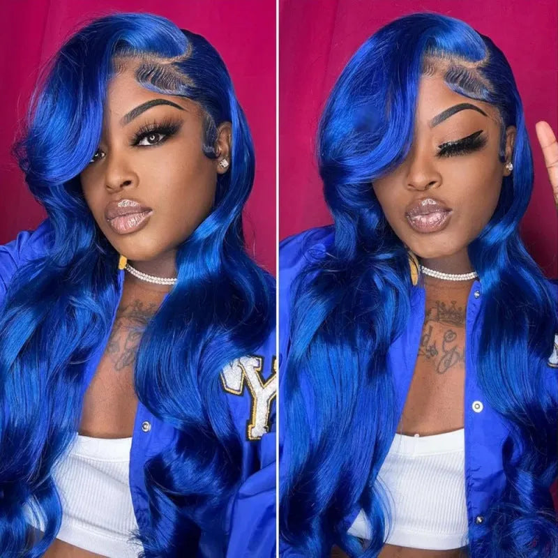 Dark blue synthetic wig with wavy curls and front lace design on display