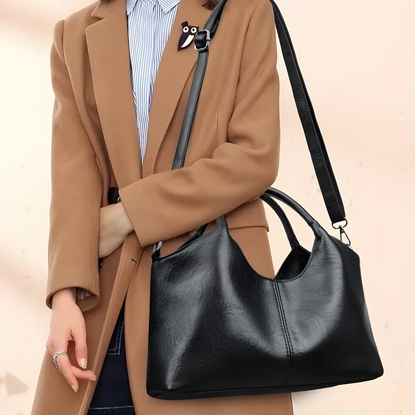 Women's soft genuine leather large crossbody bag shown in available colours: black, brown, wine red, yellow, beige, bronze, green.