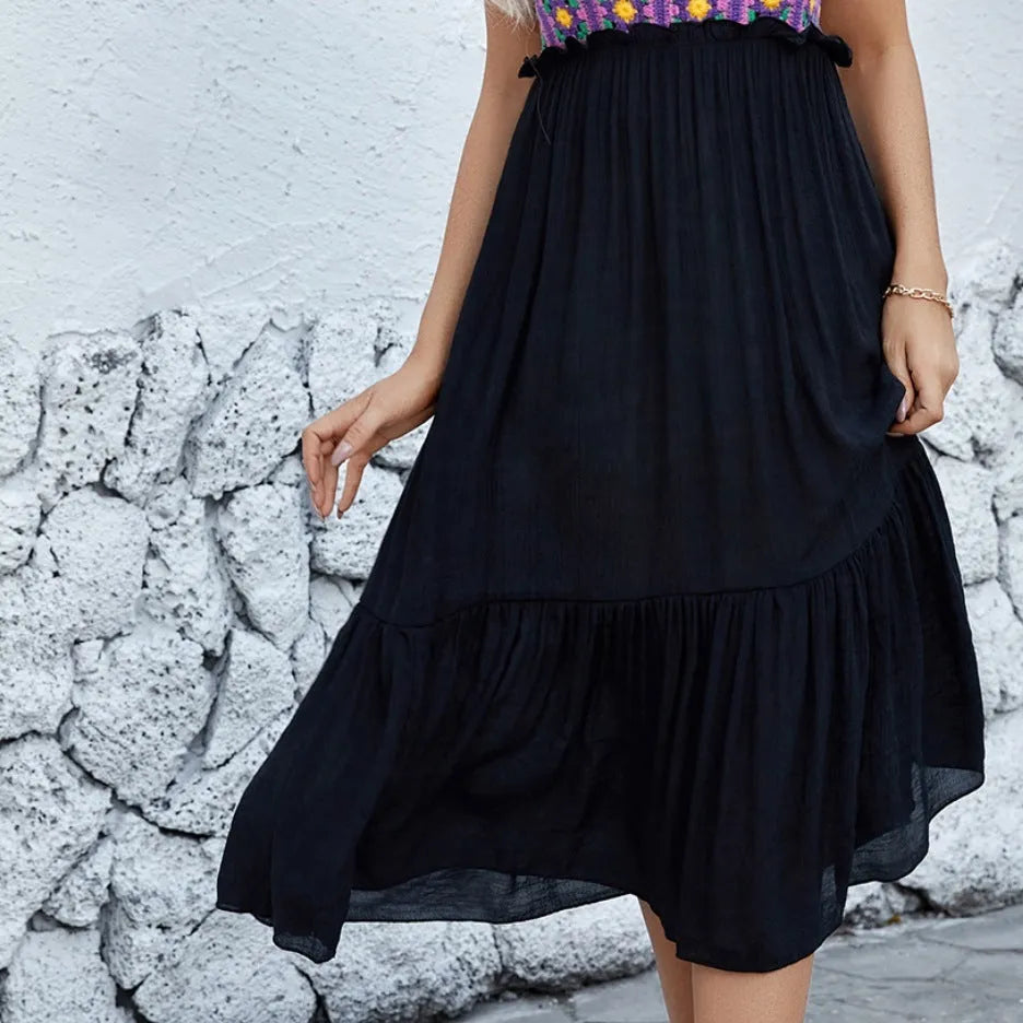 Purple sleeveless dress with hand-hooked floral stitching, cotton blend fabric, and free-size fit for women
