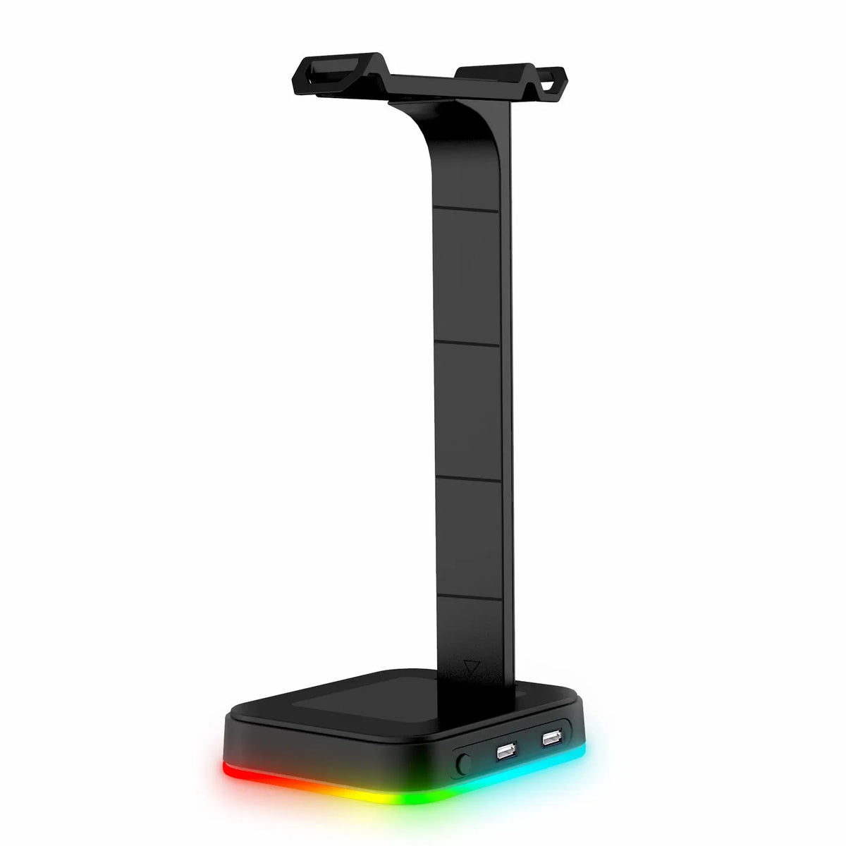 RGB colour changing headset bracket stand with dual USB ports on a desktop