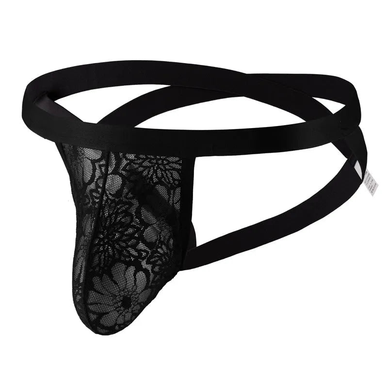 Men's T-back double G-string underwear in black net, low waist, knitted polyester, free size