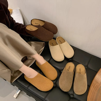 Korean-style flat outdoor slippers in apricot colour with square toe design and slip-on style