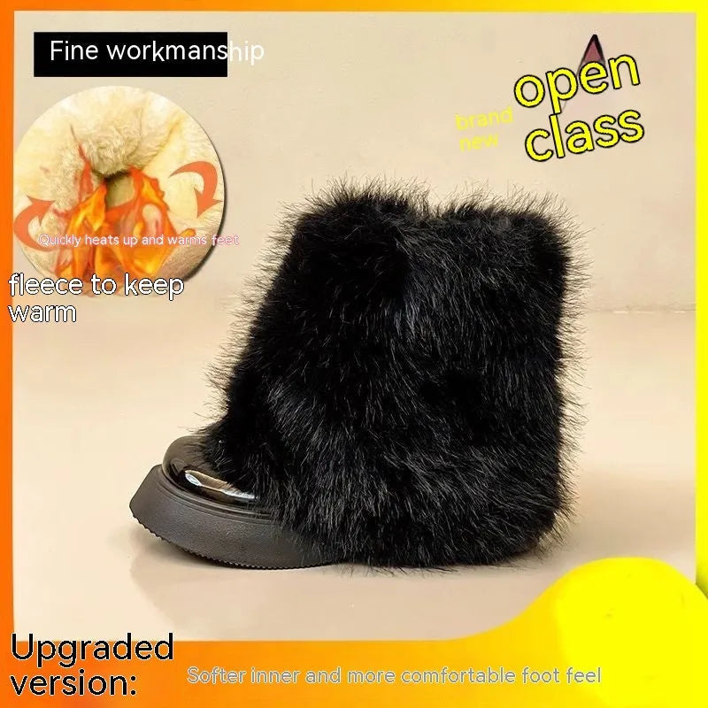 Women's low-top snow boots with artificial plush upper, waterproof platform sole, and 3-5cm English muffin heel