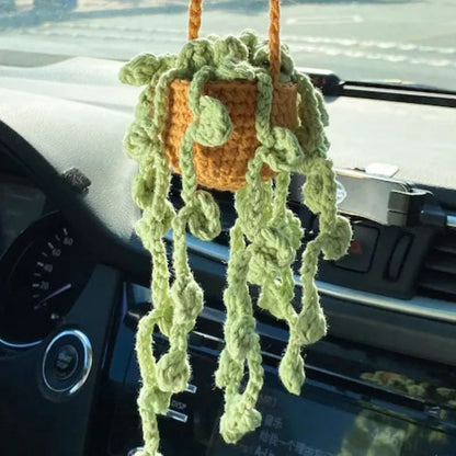 Green and white fishing style car plant decoration with 8cm base and 25cm hanging rope