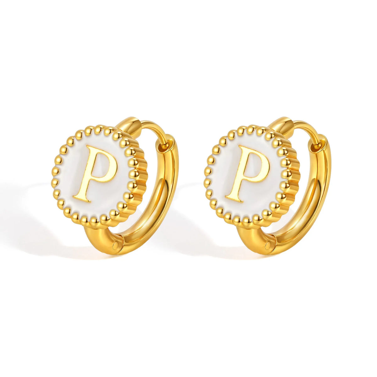 Round gold-tone letter earrings for women in stainless steel with electroplated finish, available in letters A to Z