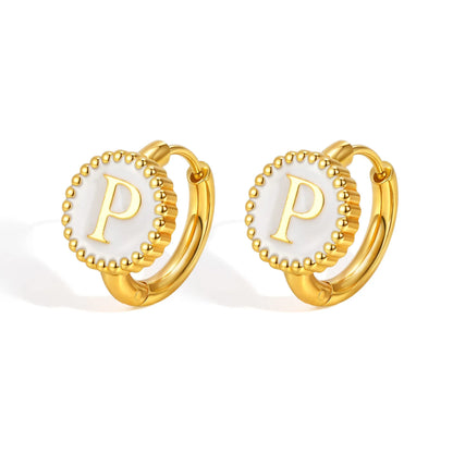 Round gold-tone letter earrings for women in stainless steel with electroplated finish, available in letters A to Z