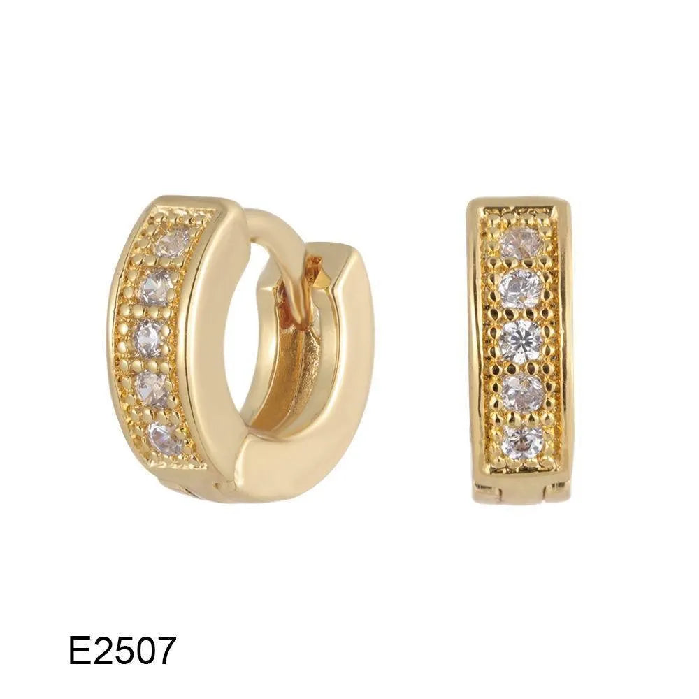 Gold plated heart-shaped clip-on earrings with multiple sparkling zircon stones on a white background.