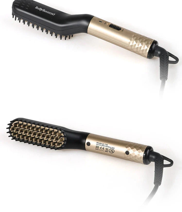 Premium hot hair straightening brush with dual temperature settings, ceramic teeth, and 360-degree swivel cord for men's beards and hair