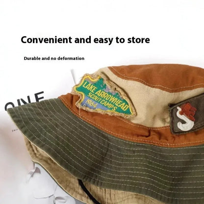 Army Green women's fisherman hat with flat top crown and retro patchwork design