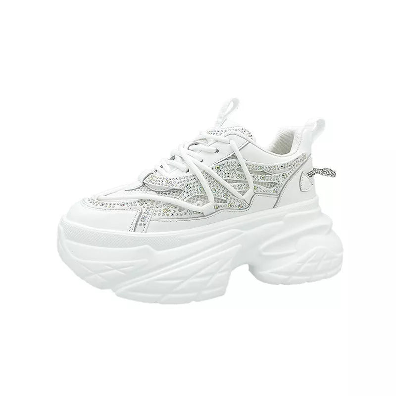 Women's summer mesh breathable sneakers with mid heel in black, white, and pink