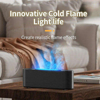 Black ultrasonic humidifier diffuser emitting cool mist with multi-colour LED flame light effect on a wooden surface.