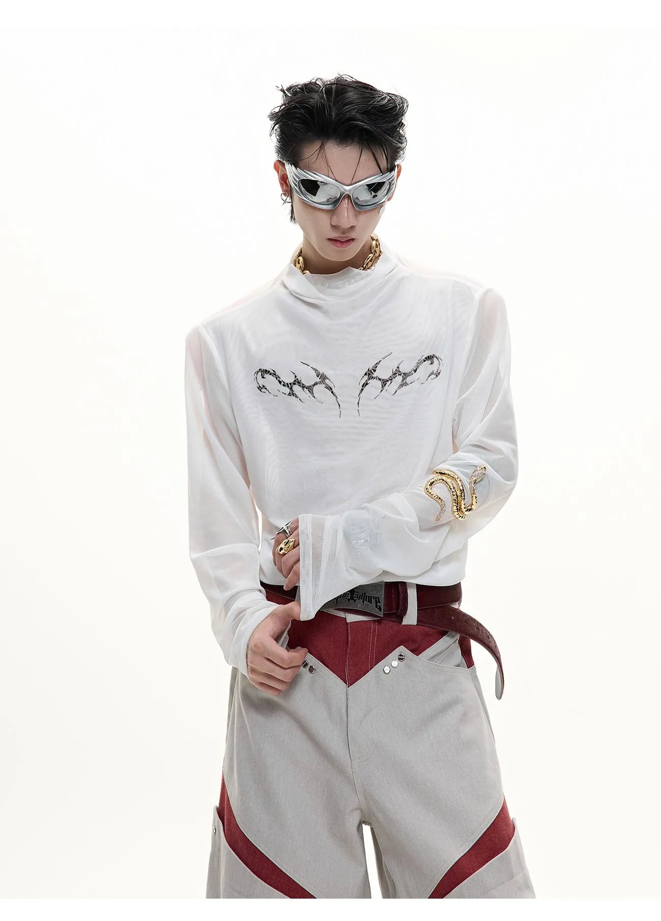 Black and white long sleeve slim fit mesh bottoming shirt laid flat.