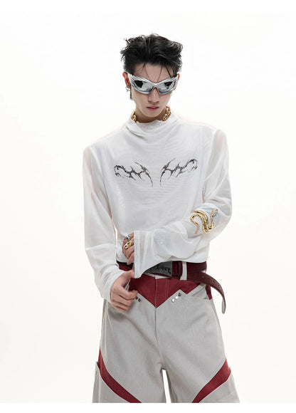 Black and white long sleeve slim fit mesh bottoming shirt laid flat.