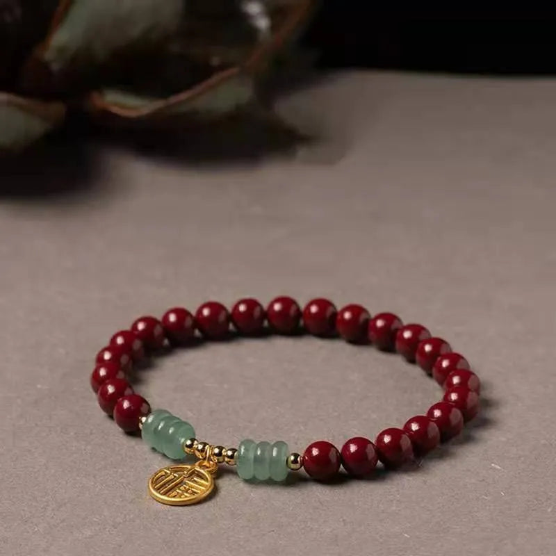 Handmade gold cinnabar wave bracelet with copper beads in national style design