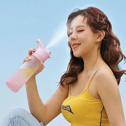 White spray water bottle with black leakproof lid and handle strap on a table