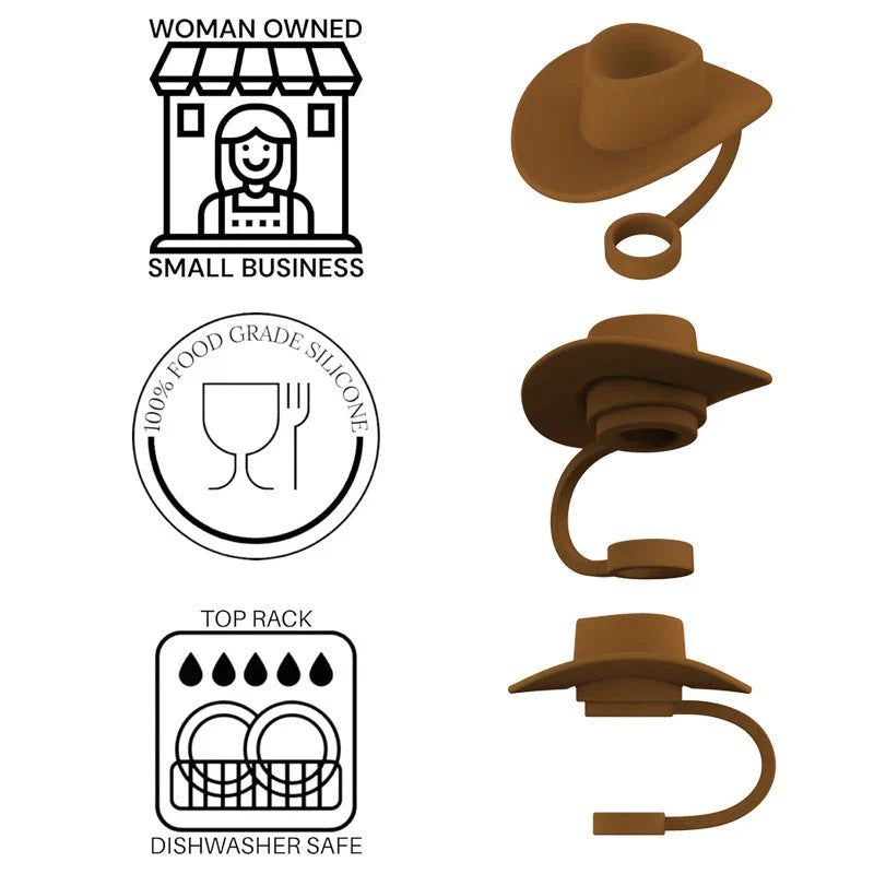 Stylish cowboy hat-shaped straw covers made of food-grade silicone in vibrant macaroon colors for protecting and decorating drinks