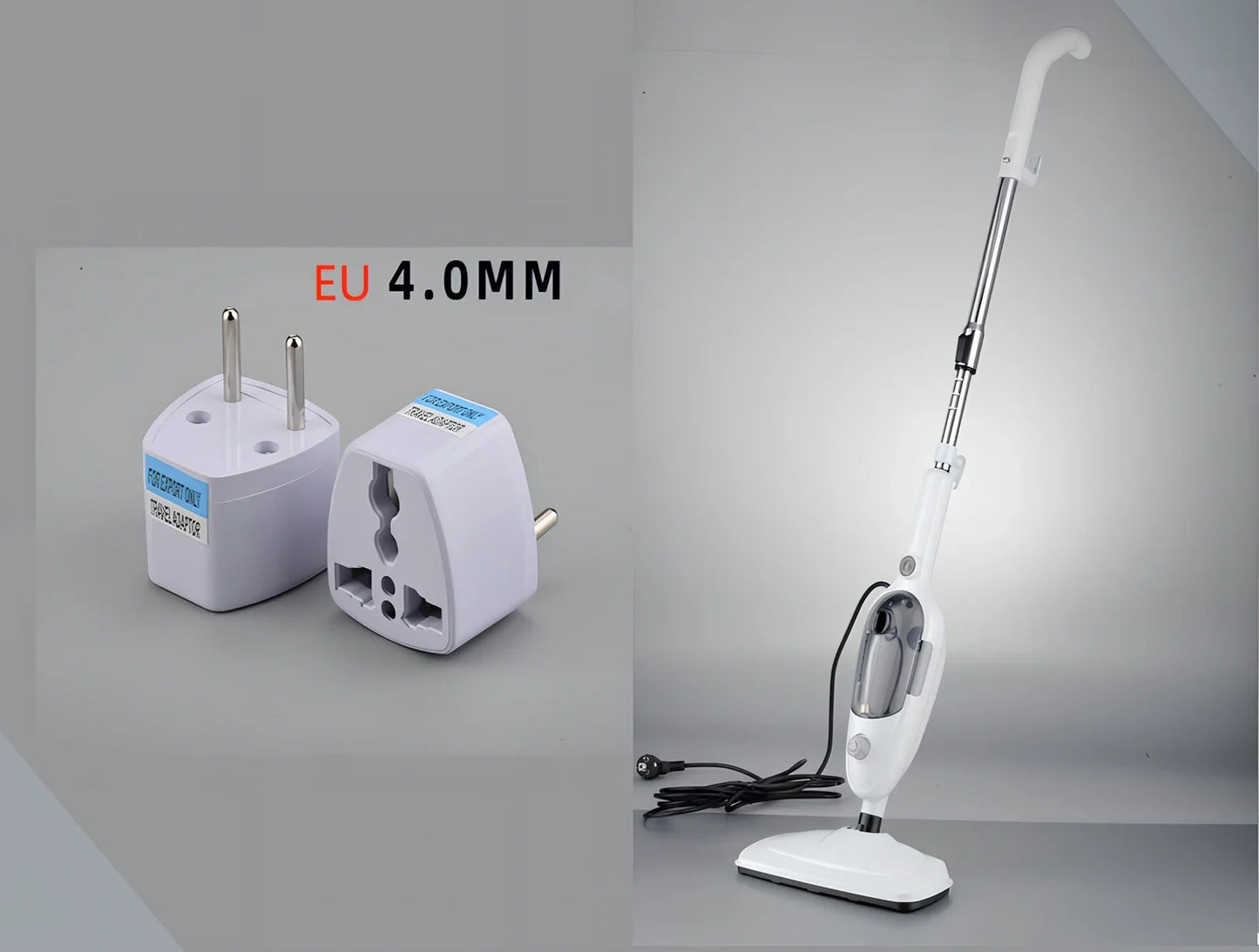 White multifunctional steam mop with 22x29x120cm dimensions, 10-in-1 accessories, and rectangular base for floor cleaning