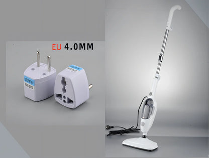 White multifunctional steam mop with 22x29x120cm dimensions, 10-in-1 accessories, and rectangular base for floor cleaning
