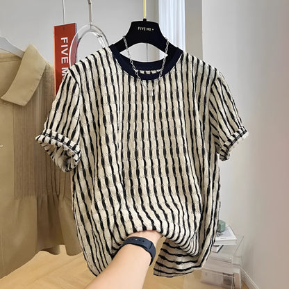 Black striped men's loose-fit short-sleeve casual shirt made from silk and linen blend fabric