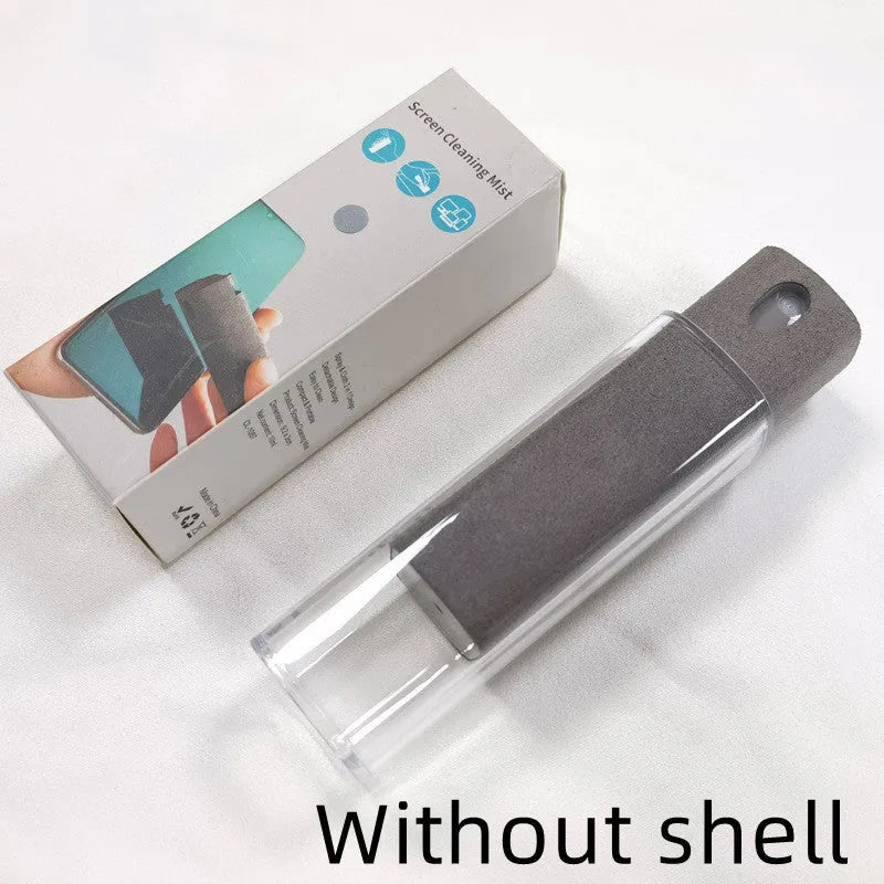 Portable all-in-one screen cleaner kit with protective shell, microfiber wipe, and internal fluid bottle.
