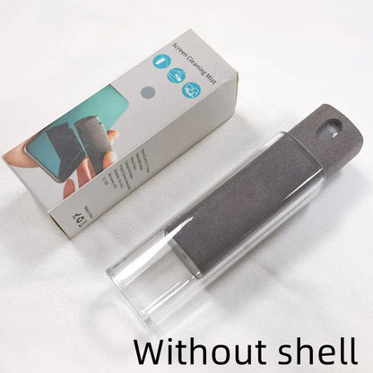 Portable all-in-one screen cleaner kit with protective shell, microfiber wipe, and internal fluid bottle.