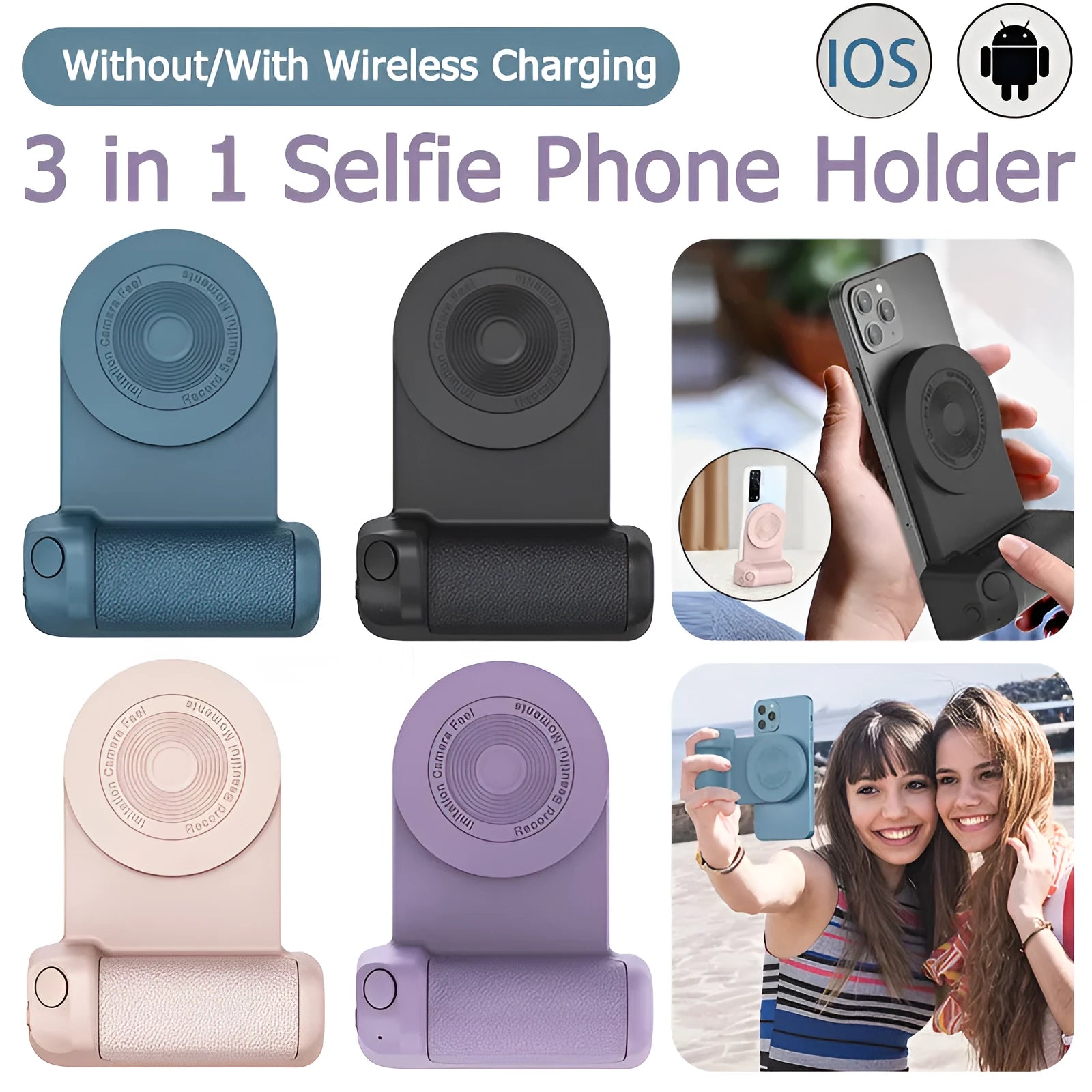Black magnetic phone camera grip with rotatable bracket and ergonomic PU leather handle on a table.