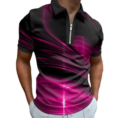 Men's blue short sleeve zip polo shirt with a loose fit, made from polyester bird eye cloth.
