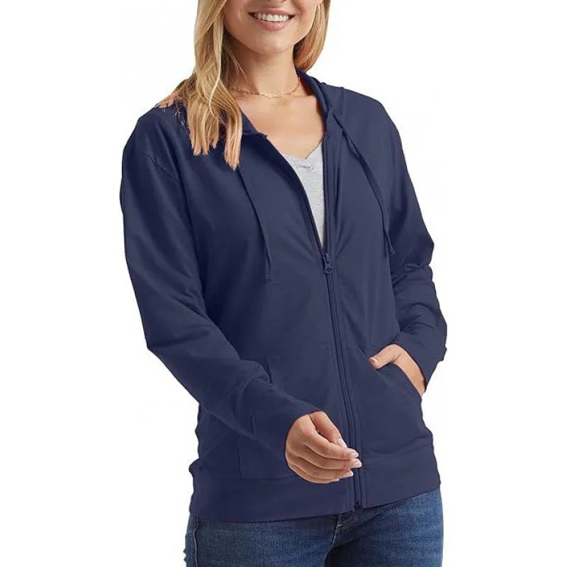 A loose fit solid colour hooded sweatshirt on a hanger, shown in one of six colour options.