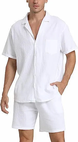 Men's flax summer sports short-sleeved top and shorts suit in army green colour