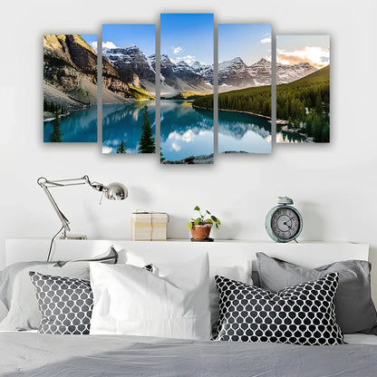 5-piece modular canvas wall art of Moraine Lake with turquoise water and mountains, available framed or unframed in sizes 30x50cm to 60x80cm per panel