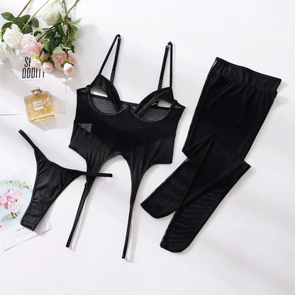 Women's black mesh one-piece underwear with steel rings and see-through design