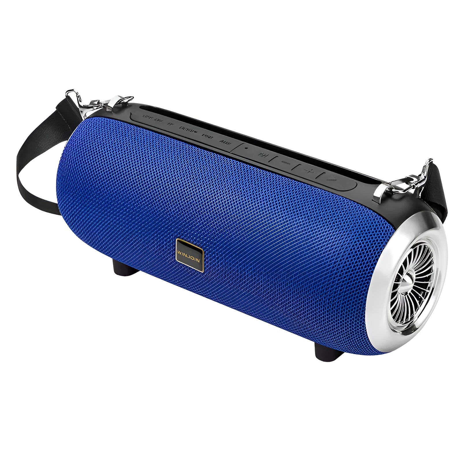 F666 portable mini Bluetooth speaker in fabric mesh with shoulder strap and extended FM antenna.