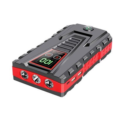 Black emergency starting power supply with 6000mAh battery, 600A starting current, and included battery clamp and USB cable.