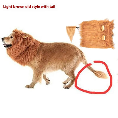 Dog wearing a lion mane headdress costume in light brown with an elastic neckband.