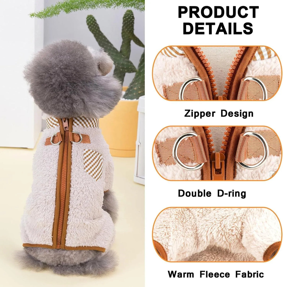 Green plush fleece dog jumpsuit on a small dog, showing the four-leg design and back zipper with D-ring.