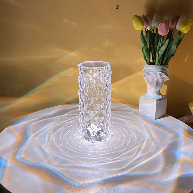 LED rose diamond table lamp with touch switch and three-colour light modes on a wooden table