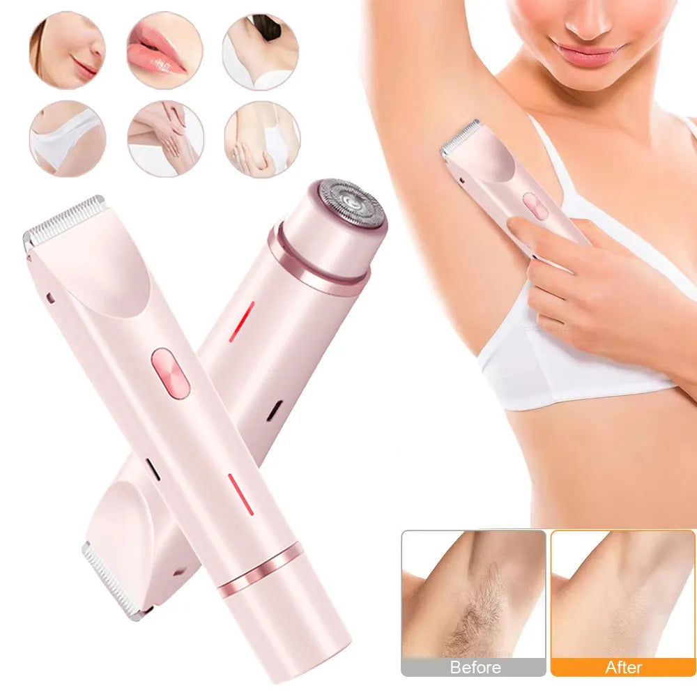 Pink electric shaver with double head, USB cable, and brush for women's body grooming