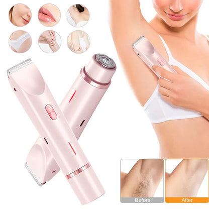 Pink electric shaver with double head, USB cable, and brush for women's body grooming