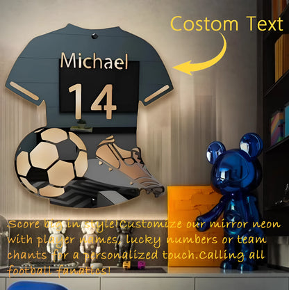 Personalised LED football jersey mirror light with acrylic shell and remote control, available in three sizes