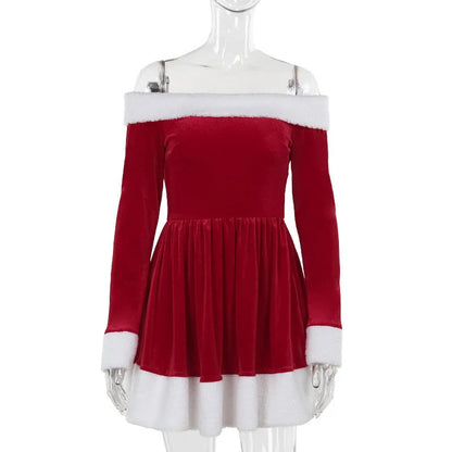 Women's festive Christmas Santa dress with plush trim, boat-neck off-the-shoulder design, and red color