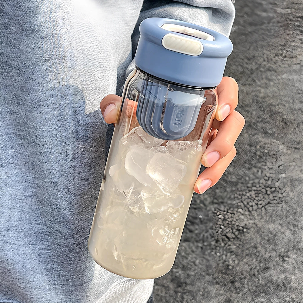 Clear Korean tea separation cup showing dual-chamber design with 650ml capacity and blue colour option
