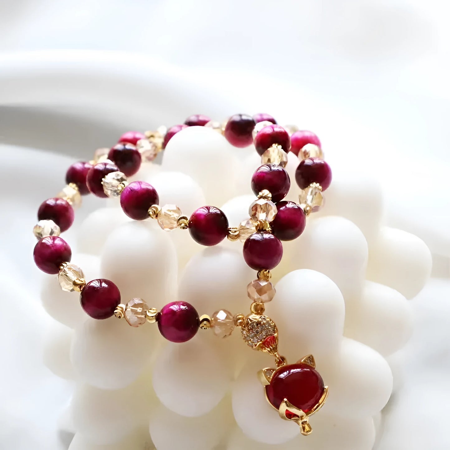 Handcrafted Tigereye stone bracelet with choice of single or double chain in green or rose red colours