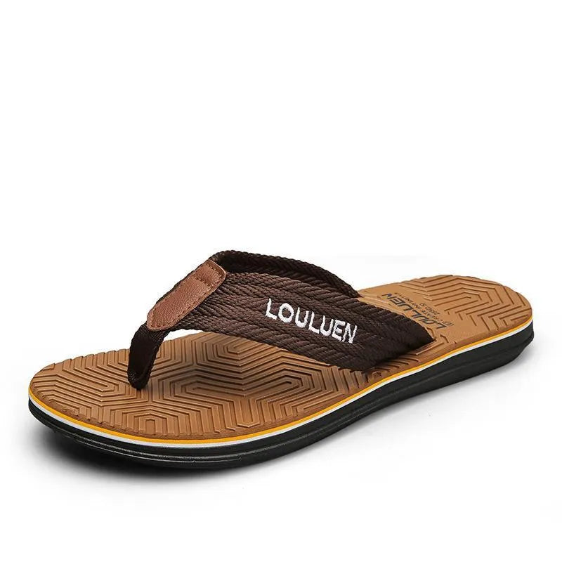 Men's black flip flops with a PVC sole and EVA upper on a plain background.