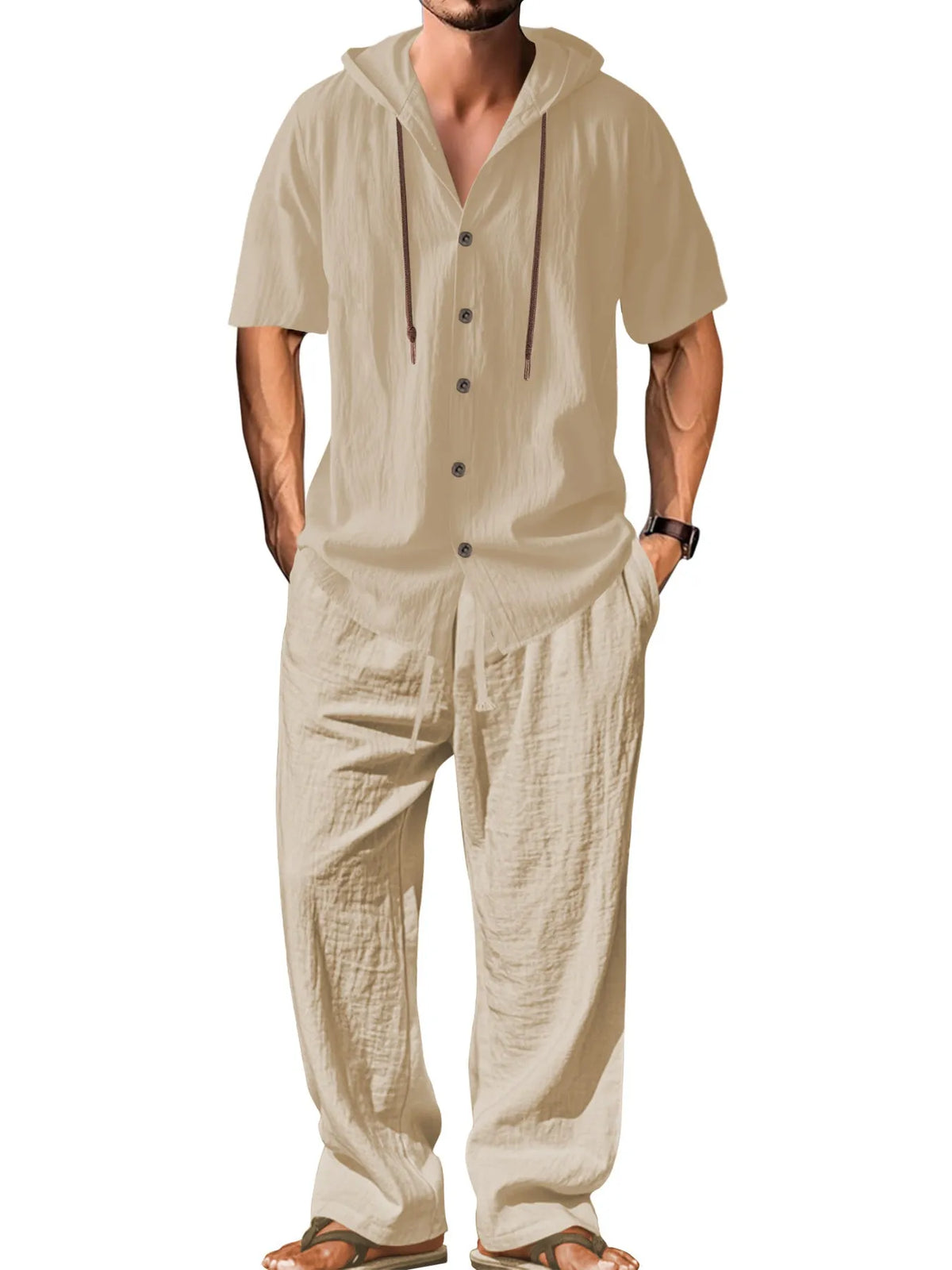 Men's white cotton sports leisure suit with long sleeves and matching trousers shown as complete two-piece set