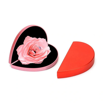 Heart-shaped 3D Love Box with rotating rose flower for ring display in red and pink