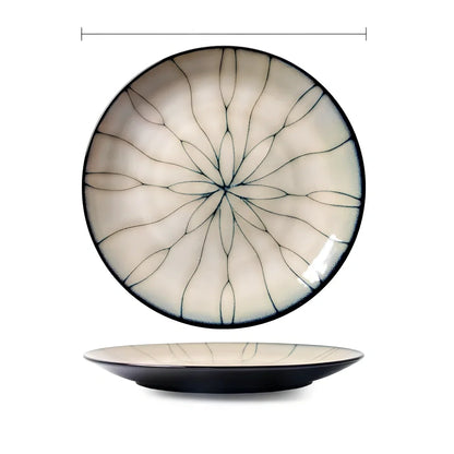 Japanese porcelain round plate 21cm diameter with underglaze design, deep bowl variant and 27.8cm serving size