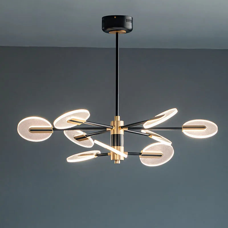 Nordic style iron frame LED chandelier with multiple acrylic shades, shown as a ceiling pendant lamp.