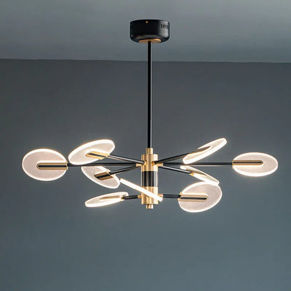 Nordic style iron frame LED chandelier with multiple acrylic shades, shown as a ceiling pendant lamp.