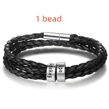 A personalized leather bracelet with engraved beads, a thoughtful gift for men